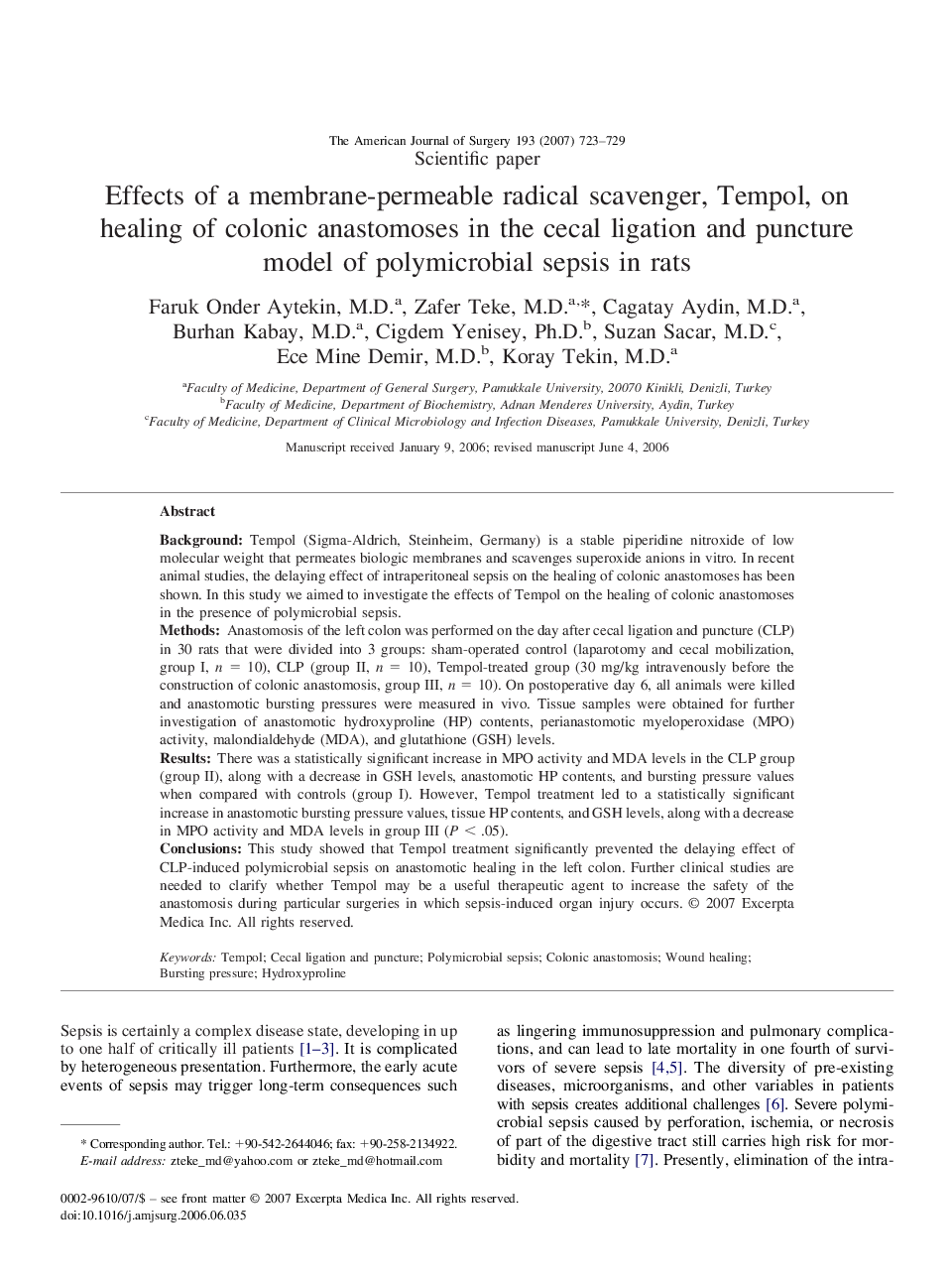 Effects of a membrane-permeable radical scavenger, Tempol, on healing of colonic anastomoses in the cecal ligation and puncture model of polymicrobial sepsis in rats