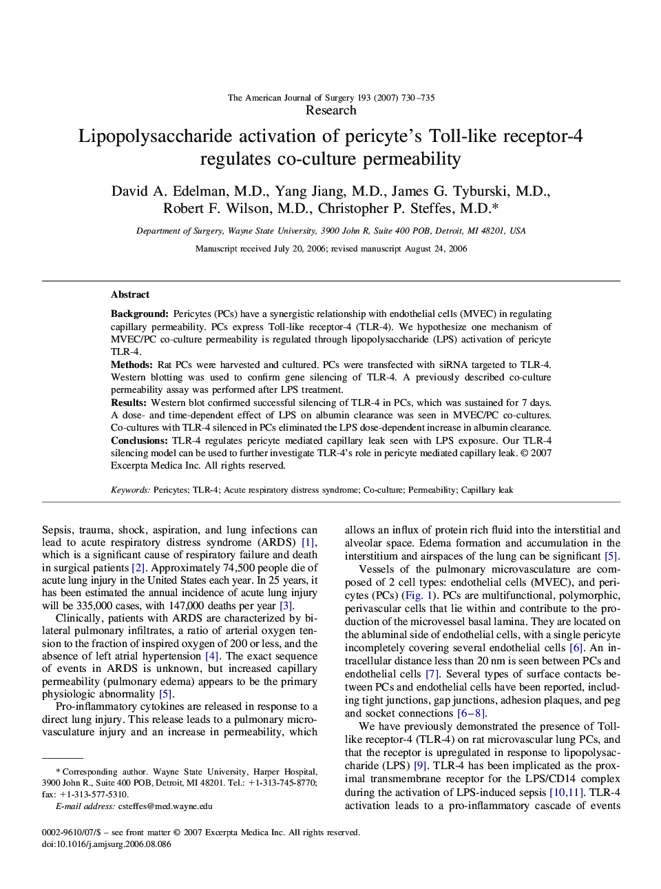 Lipopolysaccharide activation of pericyte’s Toll-like receptor-4 regulates co-culture permeability