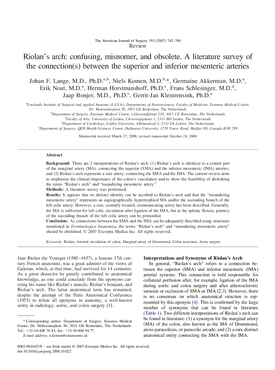 Riolan’s arch: confusing, misnomer, and obsolete. A literature survey of the connection(s) between the superior and inferior mesenteric arteries