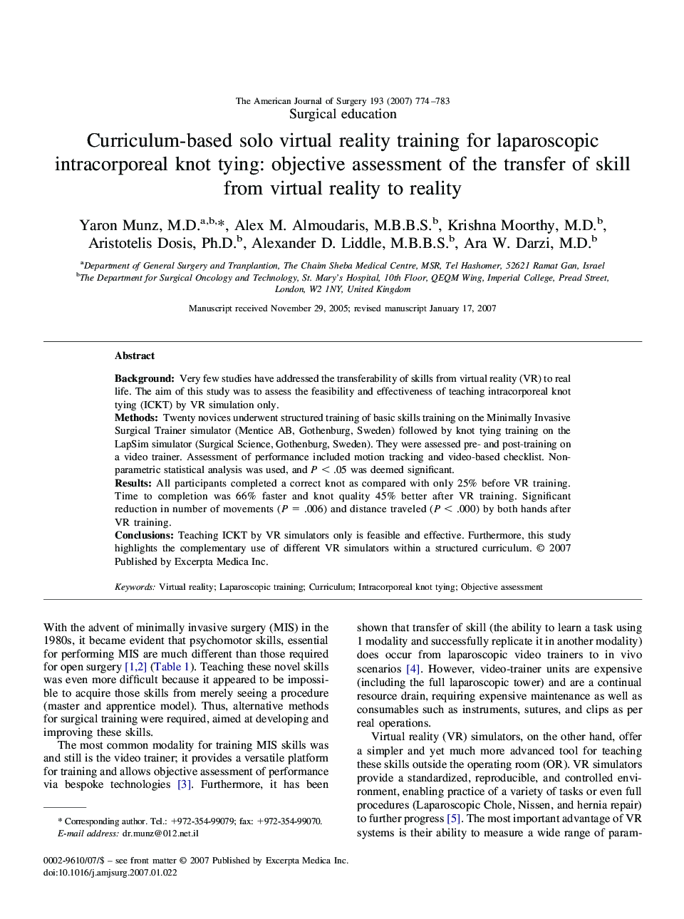 Curriculum-based solo virtual reality training for laparoscopic intracorporeal knot tying: objective assessment of the transfer of skill from virtual reality to reality