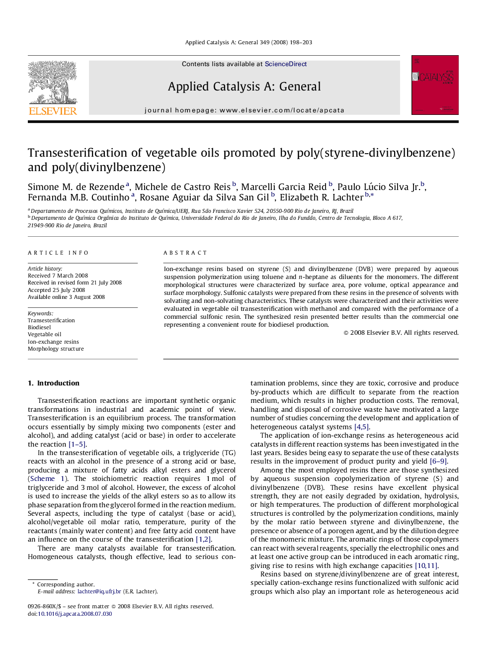 Transesterification of vegetable oils promoted by poly(styrene-divinylbenzene) and poly(divinylbenzene)