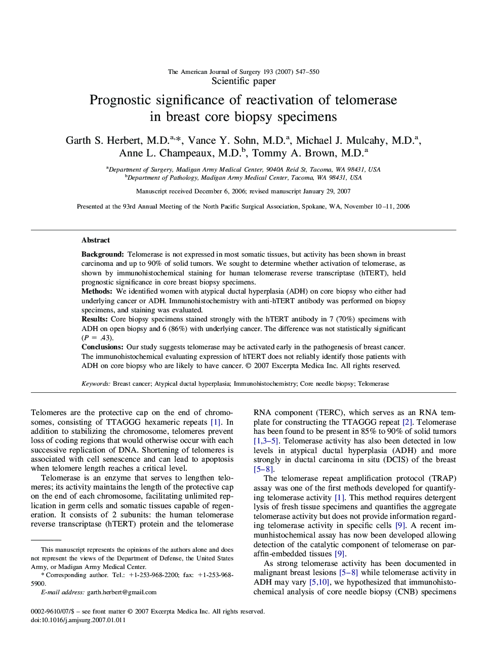 Prognostic significance of reactivation of telomerase in breast core biopsy specimens 