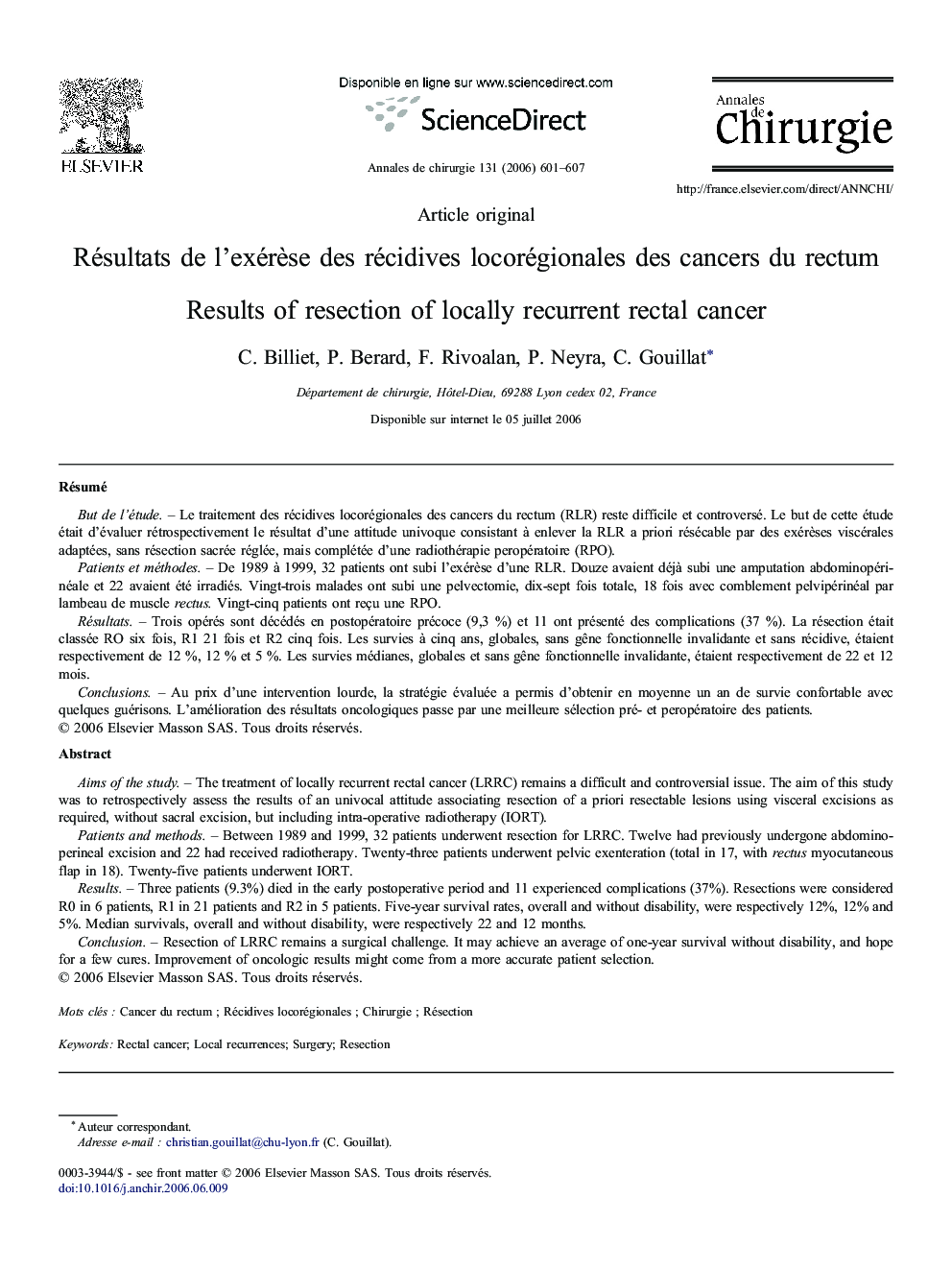 Résultats deÂ l'exérÃ¨se desÂ récidives locorégionales desÂ cancers duÂ rectum