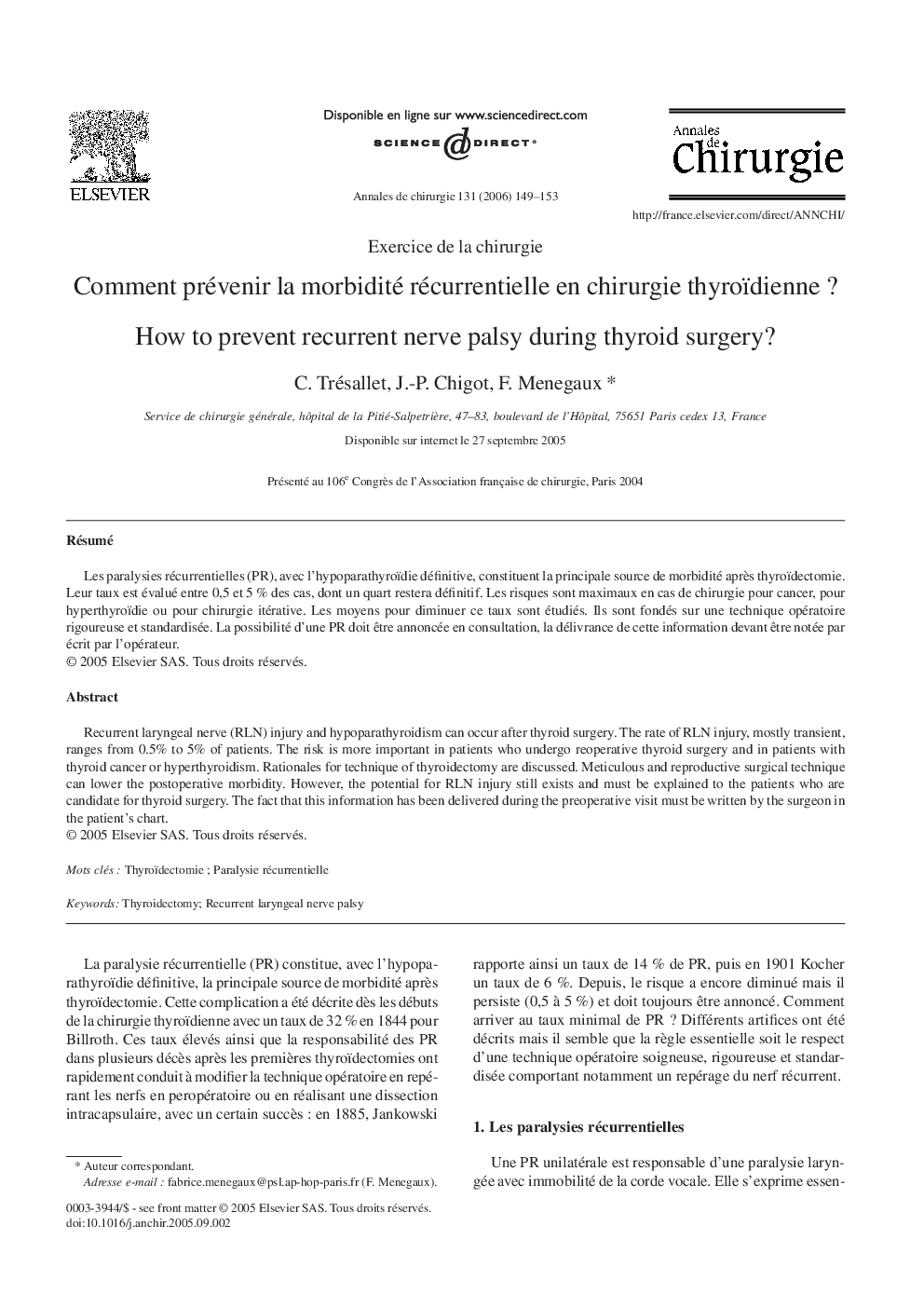 Comment prévenir la morbidité récurrentielle en chirurgie thyroïdienneÂ ?