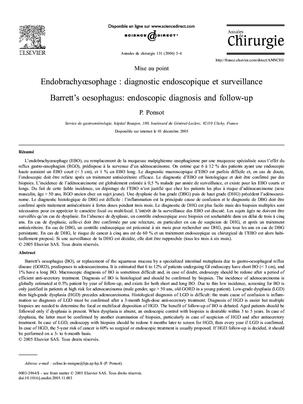 EndobrachyÅsophageÂ : diagnostic endoscopique etÂ surveillance