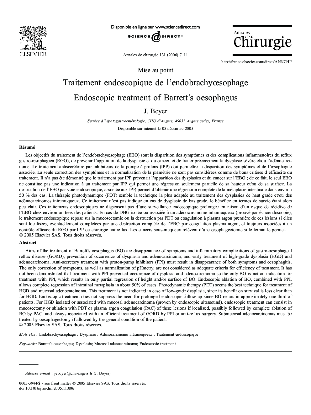 Traitement endoscopique deÂ l'endobrachyÅsophage