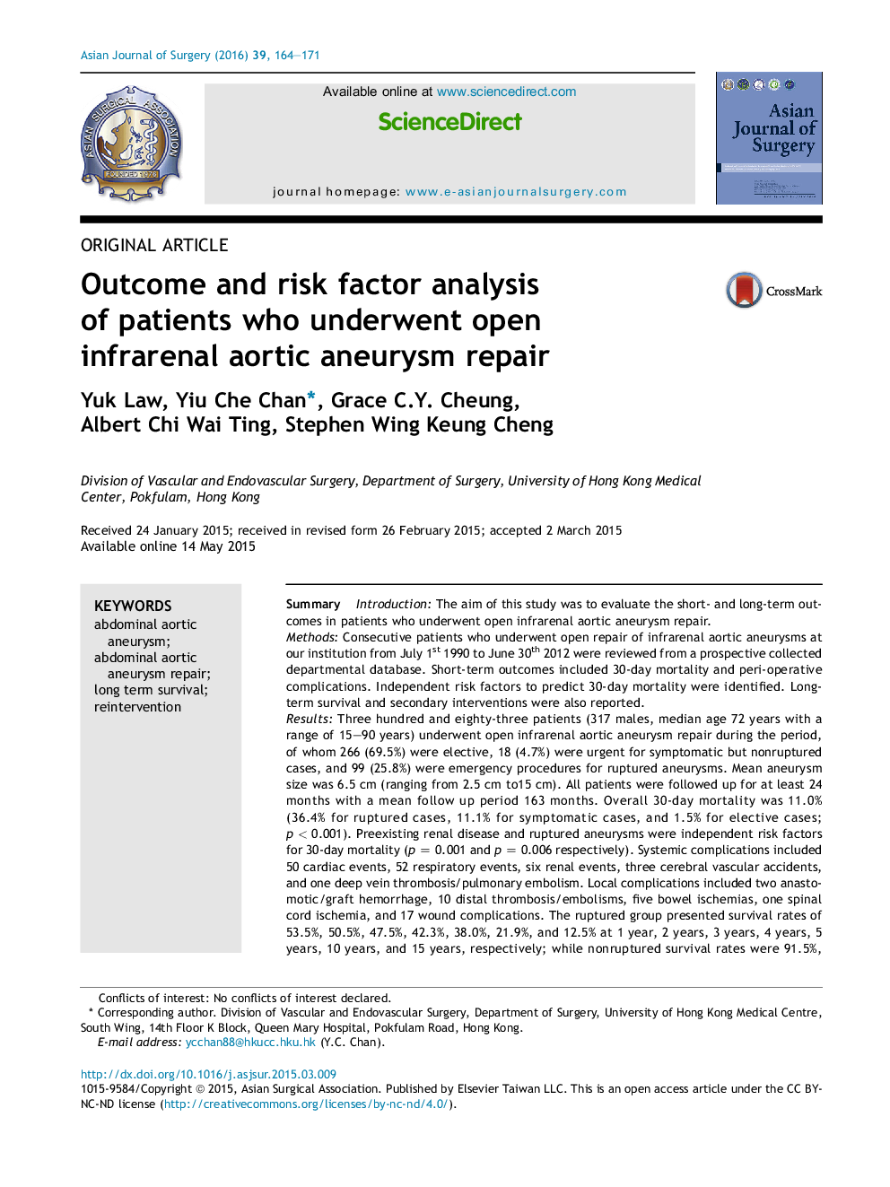 Outcome and risk factor analysis of patients who underwent open infrarenal aortic aneurysm repair 