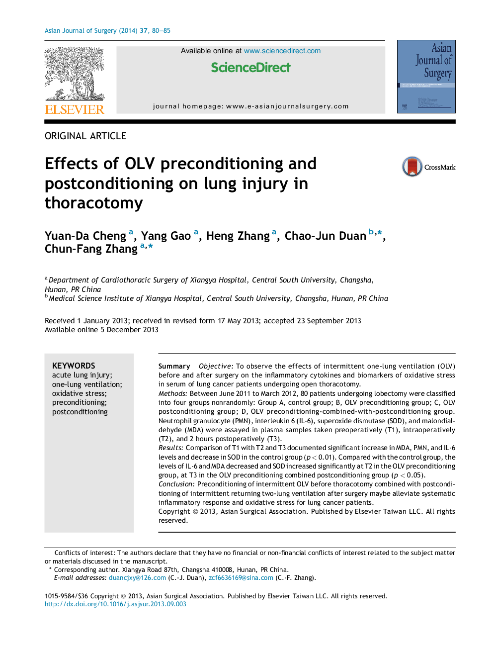 Effects of OLV preconditioning and postconditioning on lung injury in thoracotomy 