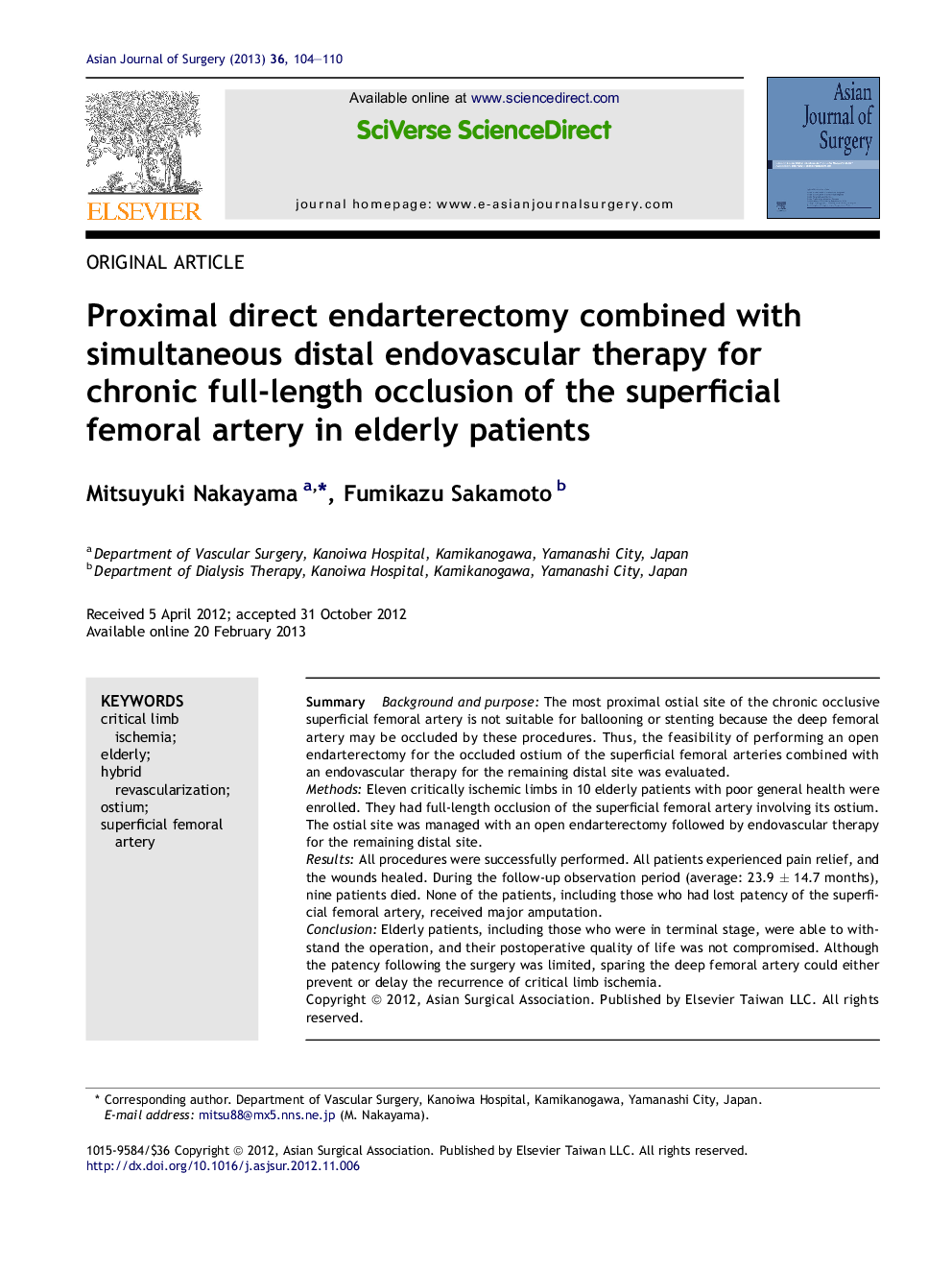 Proximal direct endarterectomy combined with simultaneous distal endovascular therapy for chronic full-length occlusion of the superficial femoral artery in elderly patients