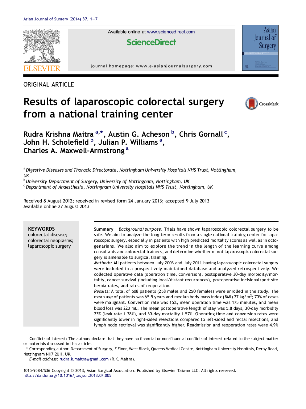 Results of laparoscopic colorectal surgery from a national training center 