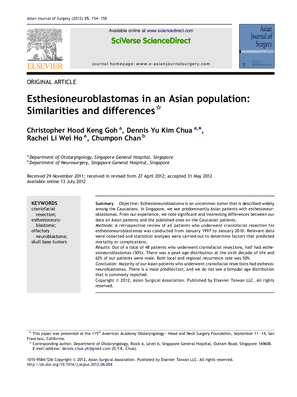 Esthesioneuroblastomas in an Asian population: Similarities and differences 