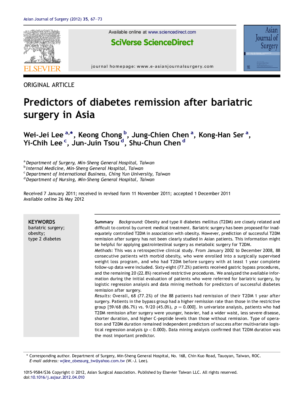 Predictors of diabetes remission after bariatric surgery in Asia