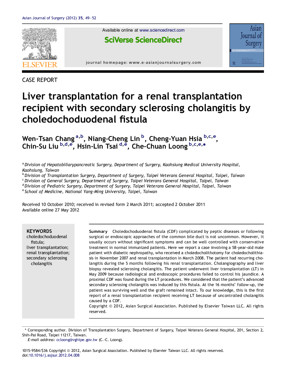 Liver transplantation for a renal transplantation recipient with secondary sclerosing cholangitis by choledochoduodenal fistula