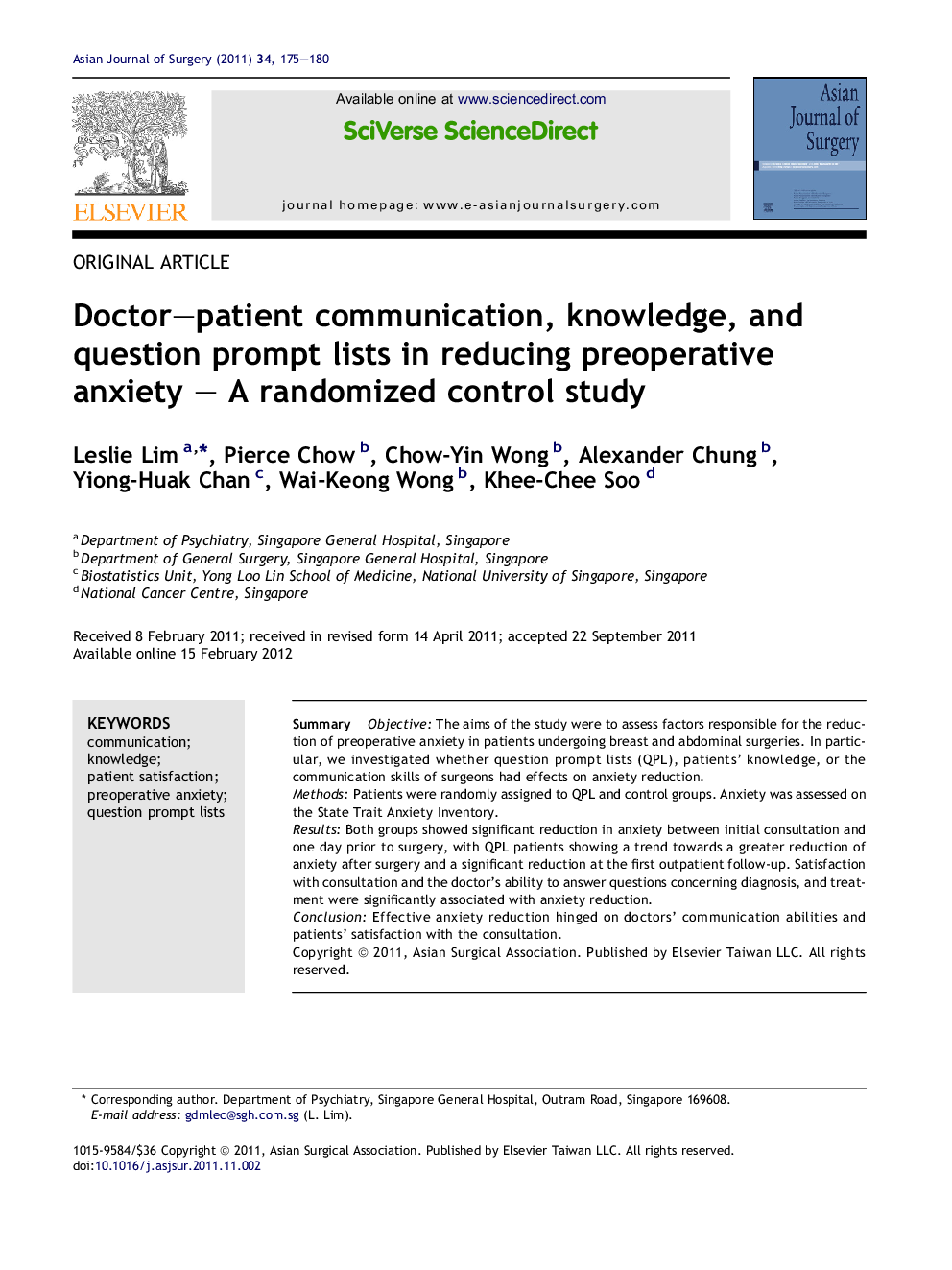 Doctor–patient communication, knowledge, and question prompt lists in reducing preoperative anxiety – A randomized control study