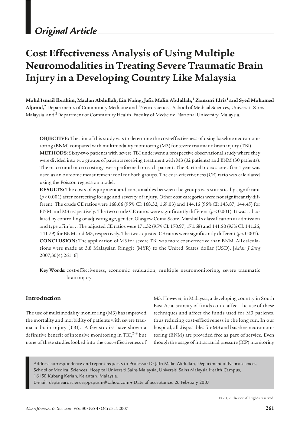Cost Effectiveness Analysis of Using Multiple Neuromodalities in Treating Severe Traumatic Brain Injury in a Developing Country Like Malaysia