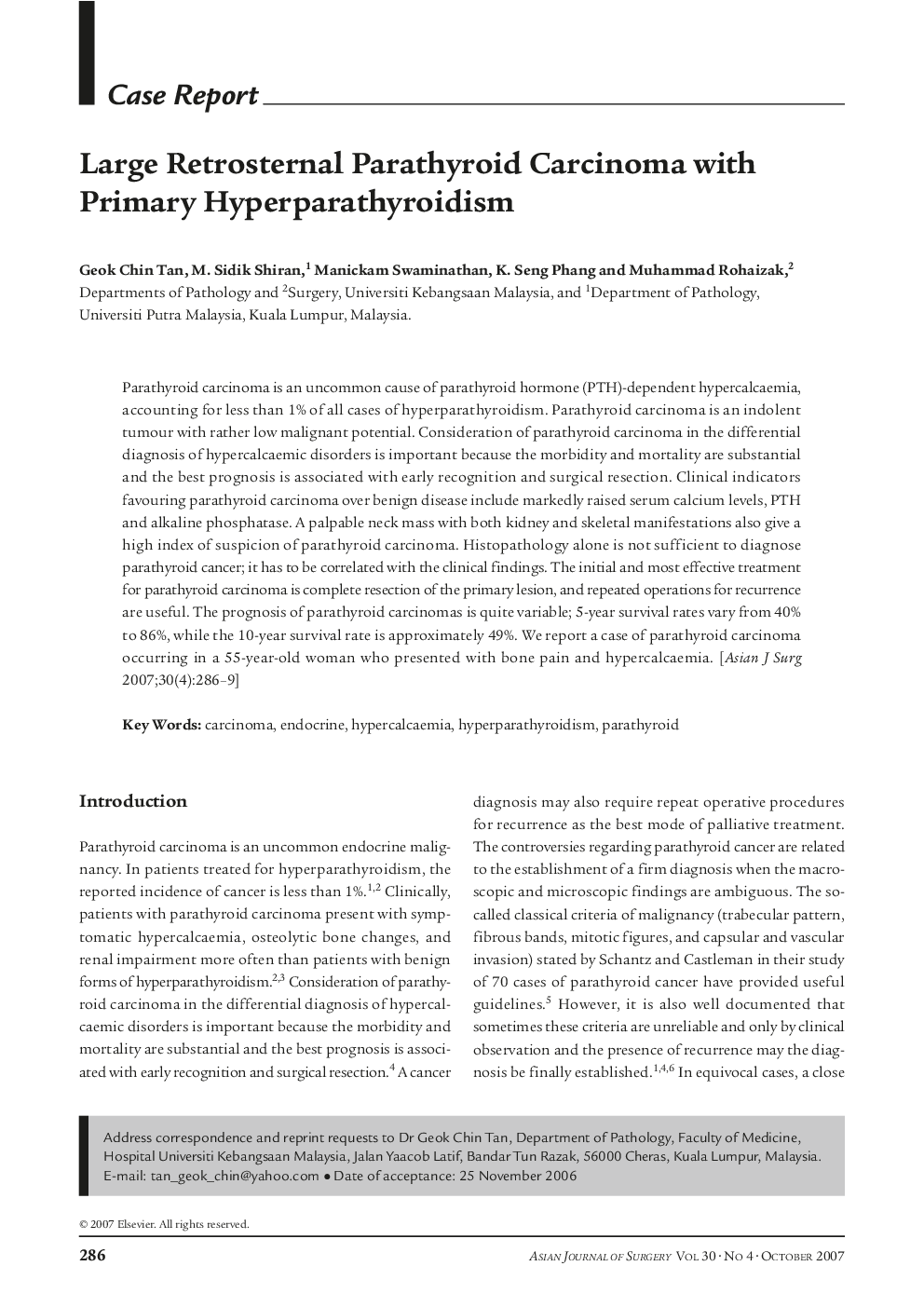 Large Retrosternal Parathyroid Carcinoma with Primary Hyperparathyroidism