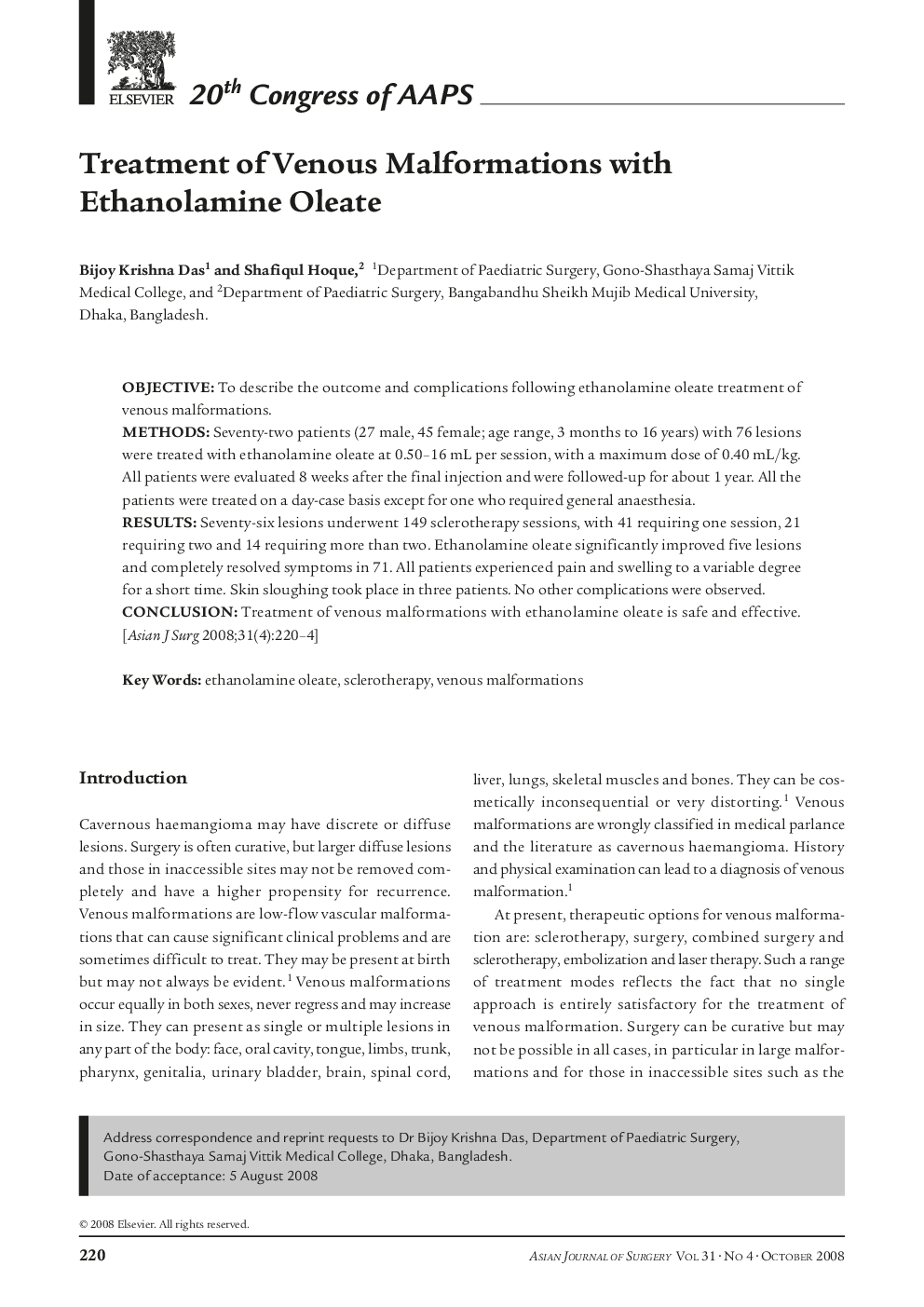 Treatment of Venous Malformations with Ethanolamine Oleate
