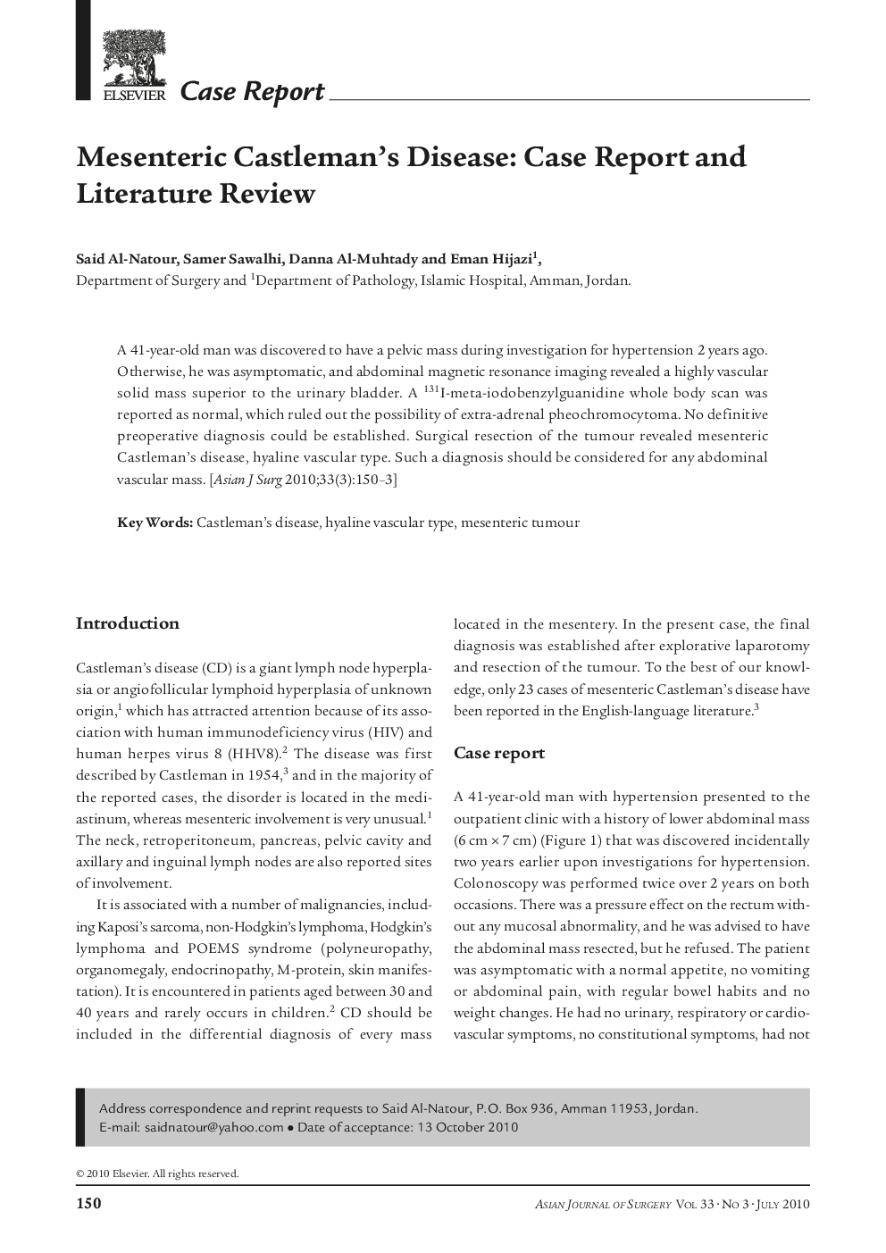 Mesenteric Castleman's Disease: Case Report and Literature Review