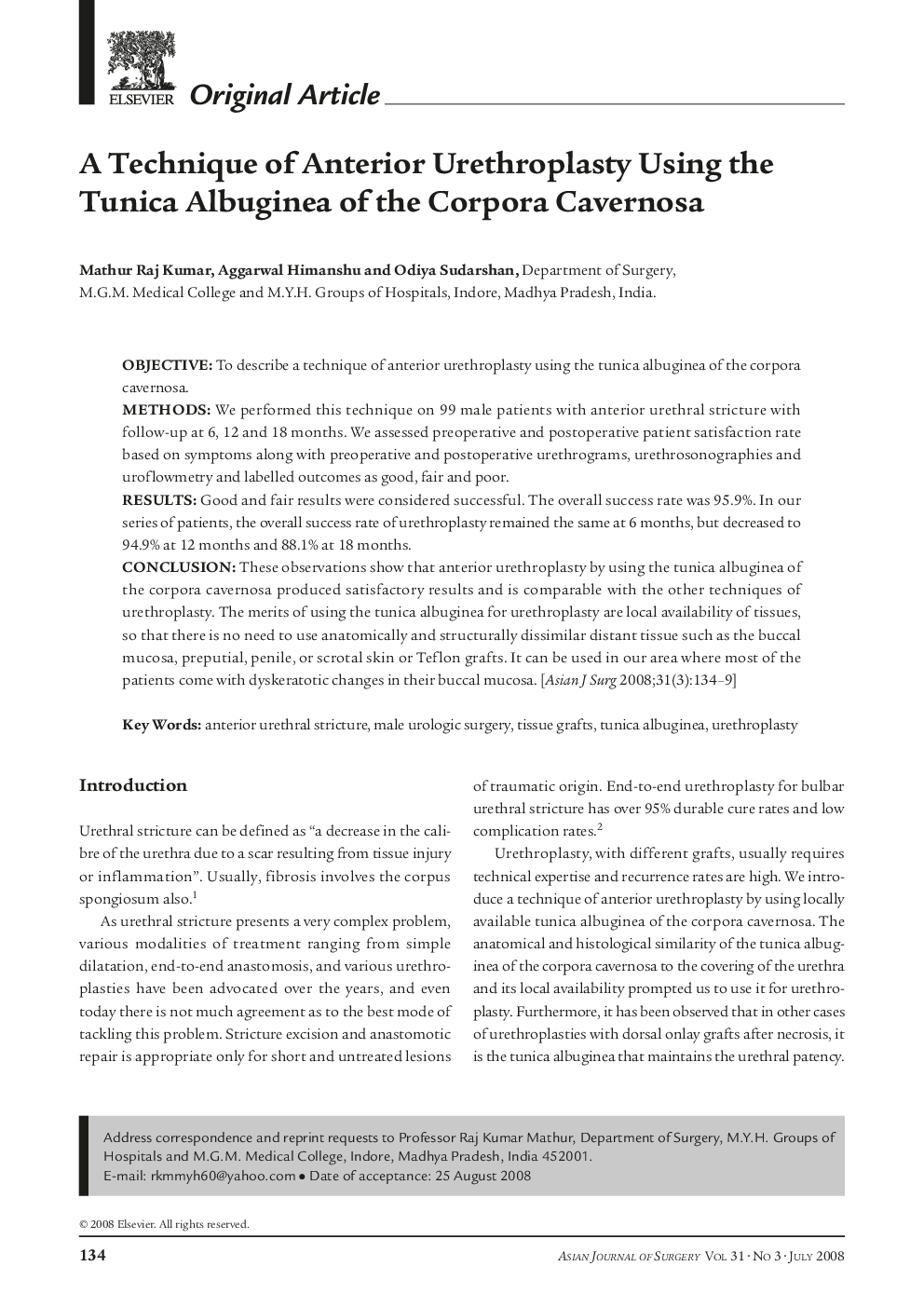 A Technique of Anterior Urethroplasty Using the Tunica Albuginea of the Corpora Cavernosa