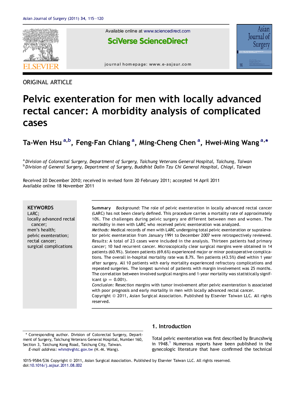 Pelvic exenteration for men with locally advanced rectal cancer: A morbidity analysis of complicated cases