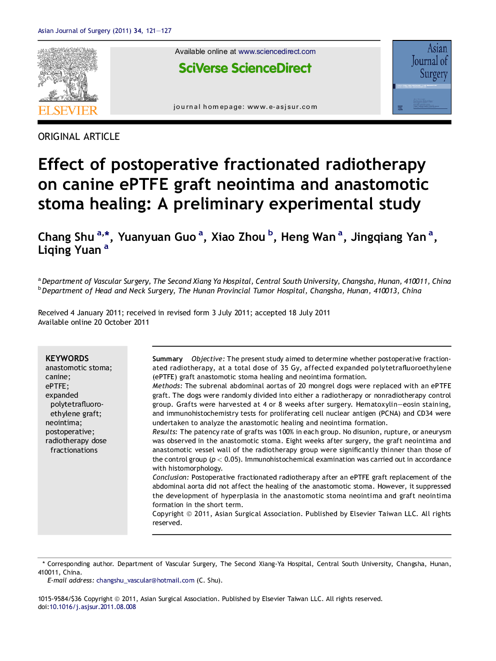 Effect of postoperative fractionated radiotherapy on canine ePTFE graft neointima and anastomotic stoma healing: A preliminary experimental study