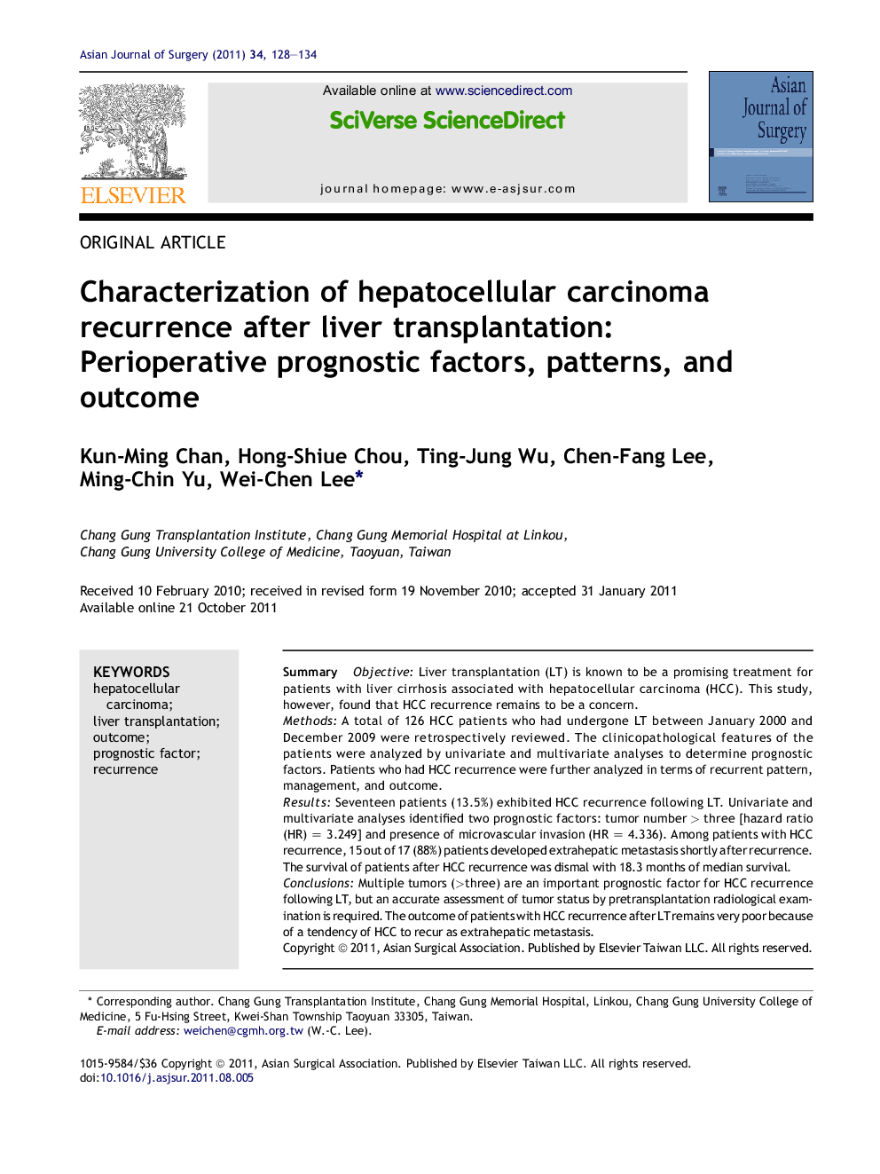 Characterization of hepatocellular carcinoma recurrence after liver transplantation: Perioperative prognostic factors, patterns, and outcome