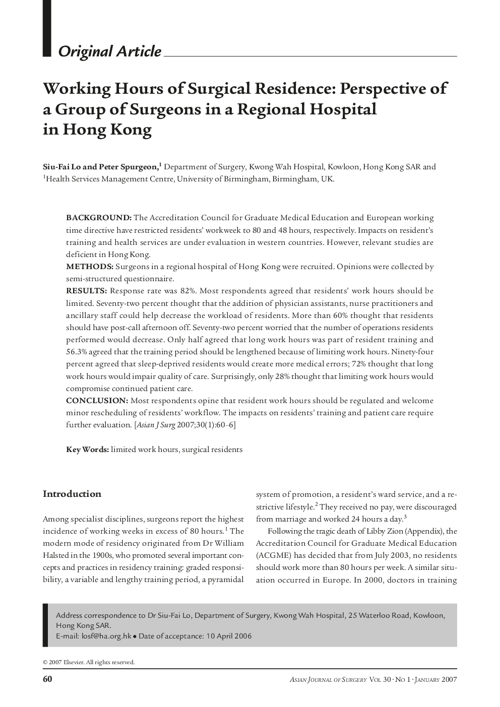 Working Hours of Surgical Residence: Perspective of a Group of Surgeons in a Regional Hospital in Hong Kong