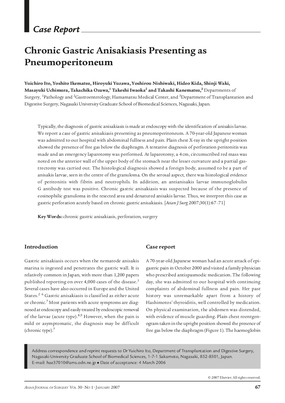 Chronic Gastric Anisakiasis Presenting as Pneumoperitoneum