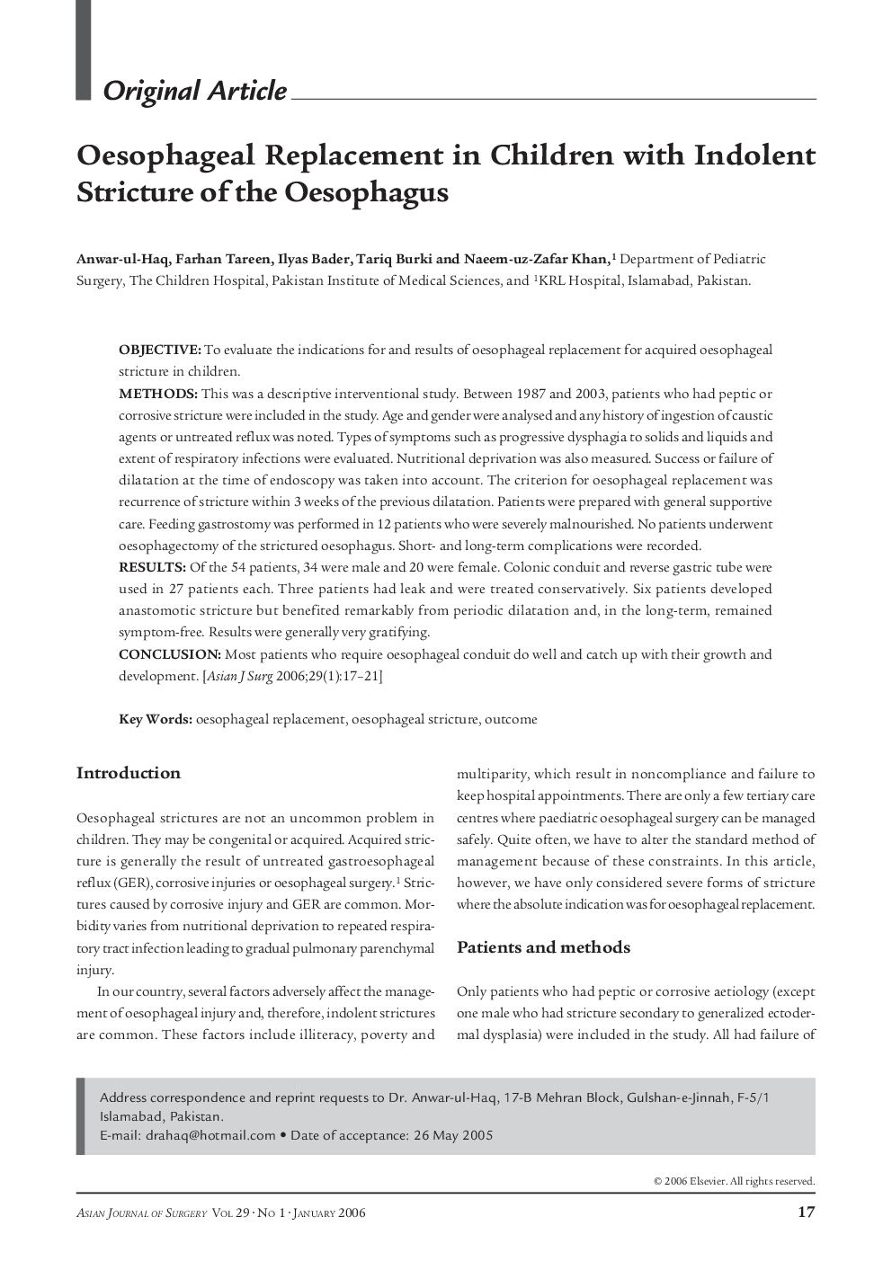 Oesophageal Replacement in Children with Indolent Stricture of the Oesophagus