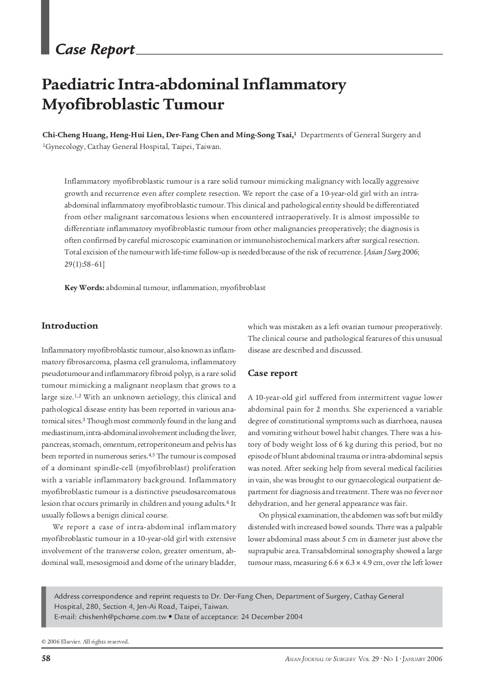 Paediatric Intra-abdominal Inflammatory Myofibroblastic Tumour