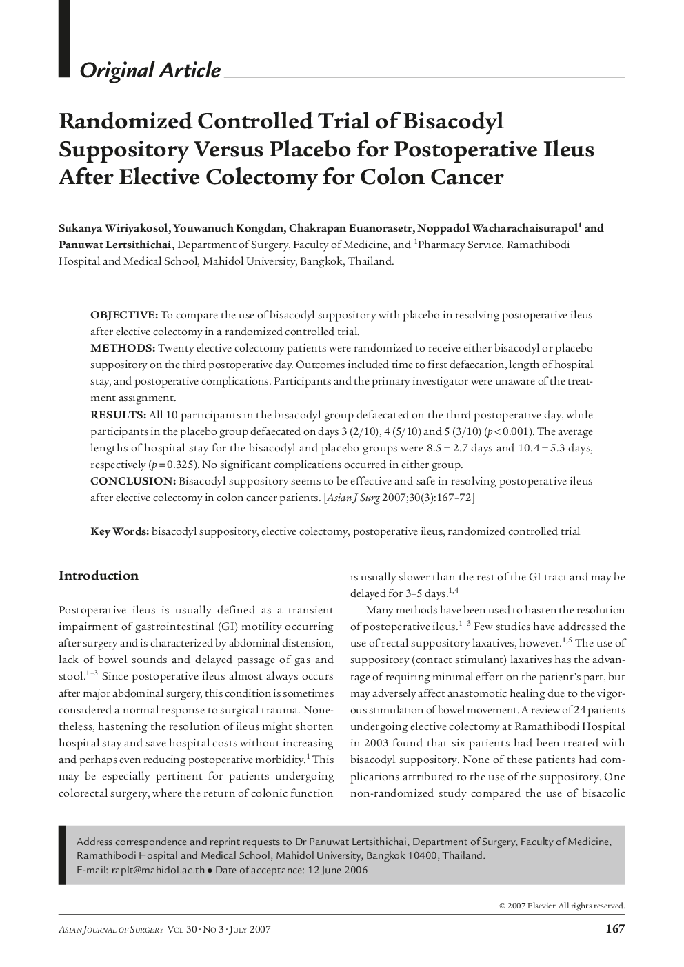 Randomized Controlled Trial of Bisacodyl Suppository Versus Placebo for Postoperative Ileus After Elective Colectomy for Colon Cancer