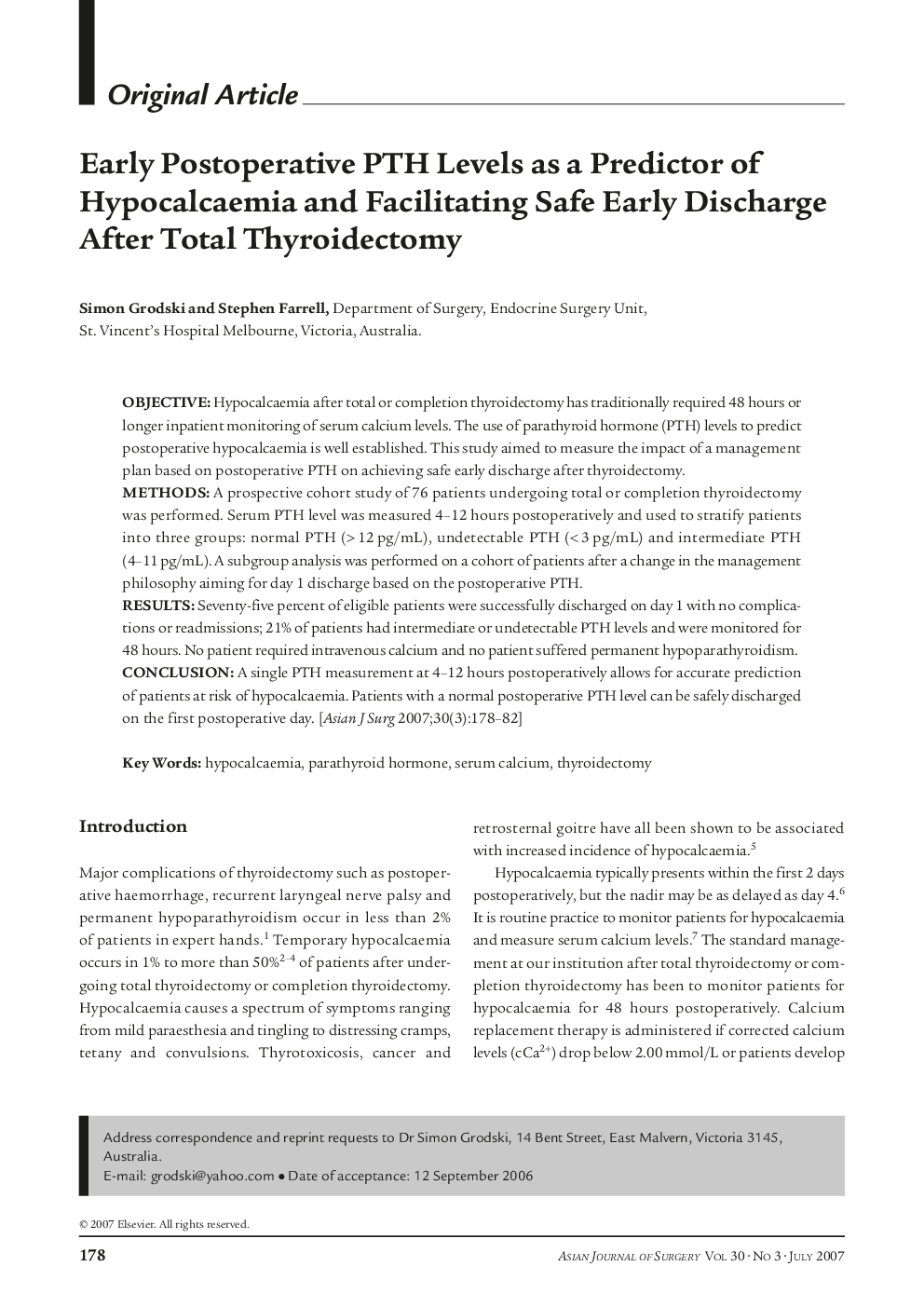 Early Postoperative PTH Levels as a Predictor of Hypocalcaemia and Facilitating Safe Early Discharge After Total Thyroidectomy