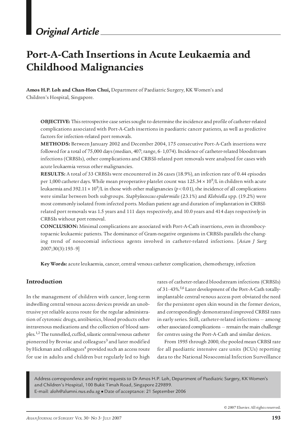 Port-A-Cath Insertions in Acute Leukaemia and Childhood Malignancies