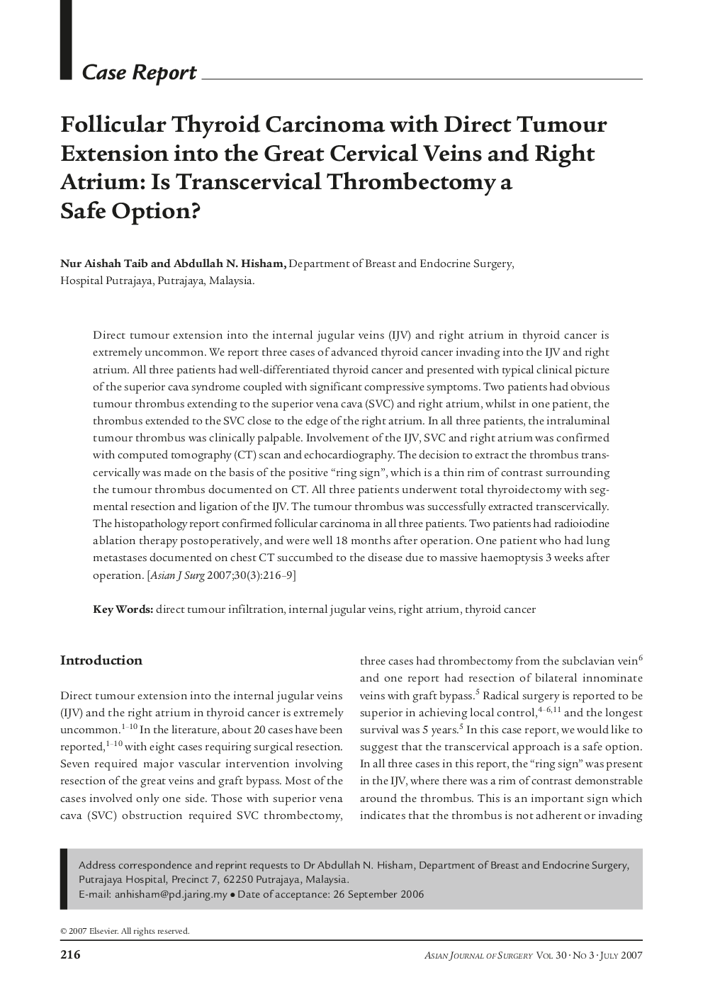 Follicular Thyroid Carcinoma with Direct Tumour Extension into the Great Cervical Veins and Right Atrium: Is Transcervical Thrombectomy a Safe Option?