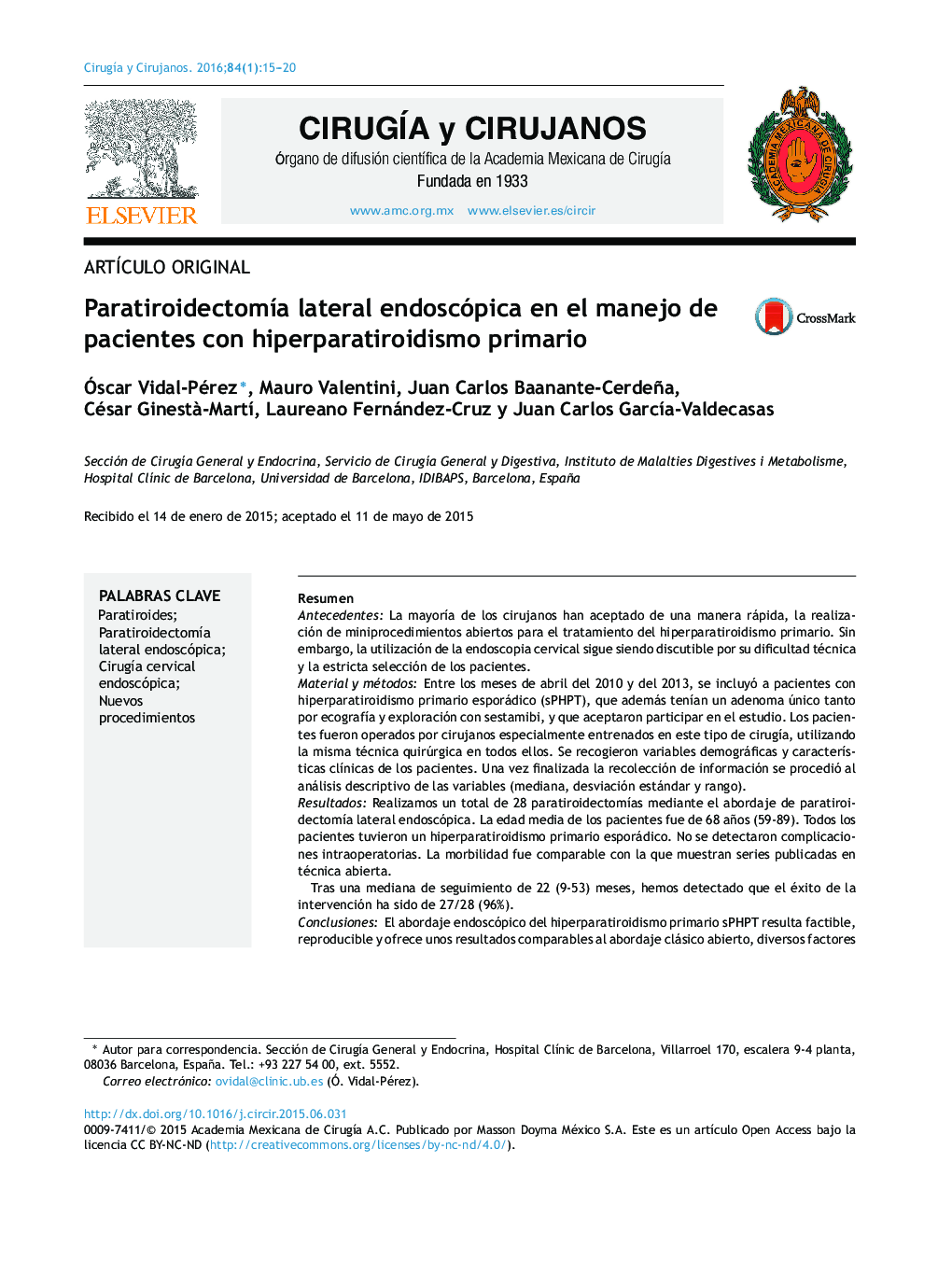 Paratiroidectomía lateral endoscópica en el manejo de pacientes con hiperparatiroidismo primario