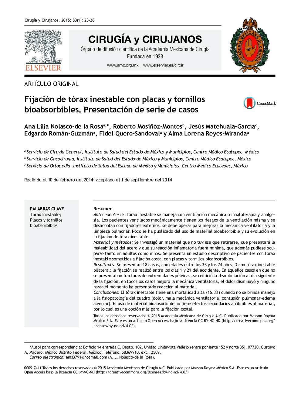 Fijación de tórax inestable con placas y tornillos bioabsorbibles. Presentación de serie de casos