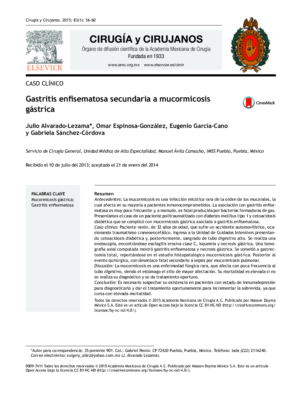 Gastritis enfisematosa secundaria a mucormicosis gástrica