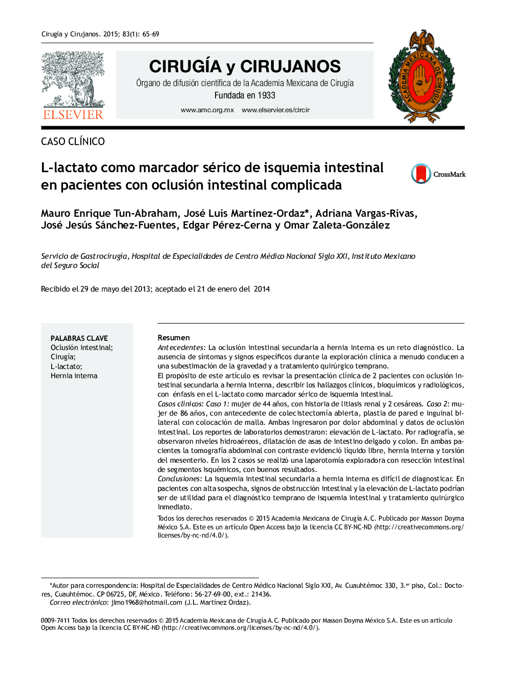 L-lactato como marcador sérico de isquemia intestinal en pacientes con oclusión intestinal complicada