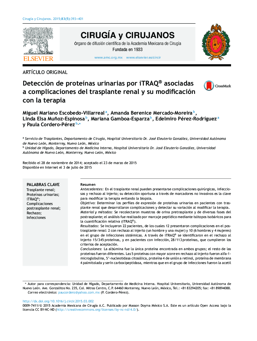 Detección de proteínas urinarias por iTRAQ® asociadas a complicaciones del trasplante renal y su modificación con la terapia