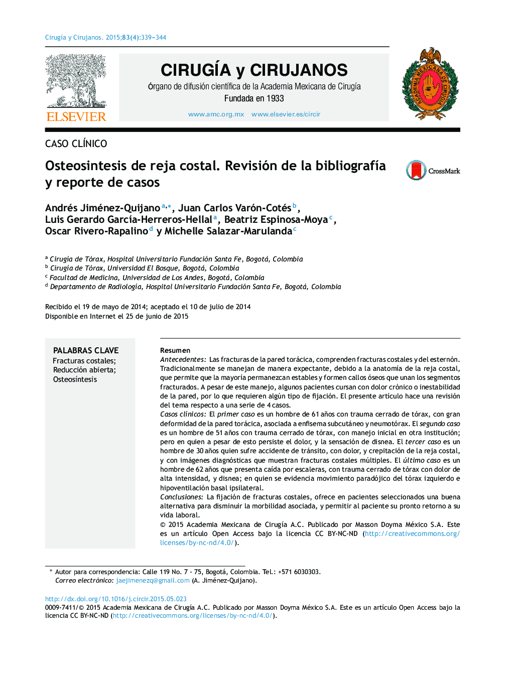 Osteosintesis de reja costal. Revisión de la bibliografía y reporte de casos