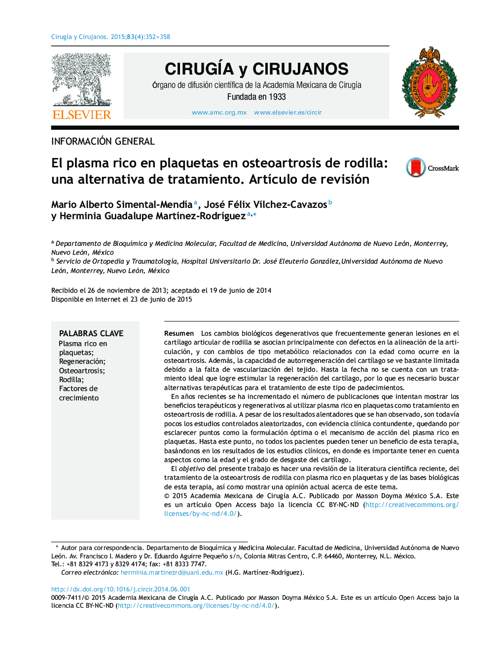 El plasma rico en plaquetas en osteoartrosis de rodilla: una alternativa de tratamiento. Artículo de revisión