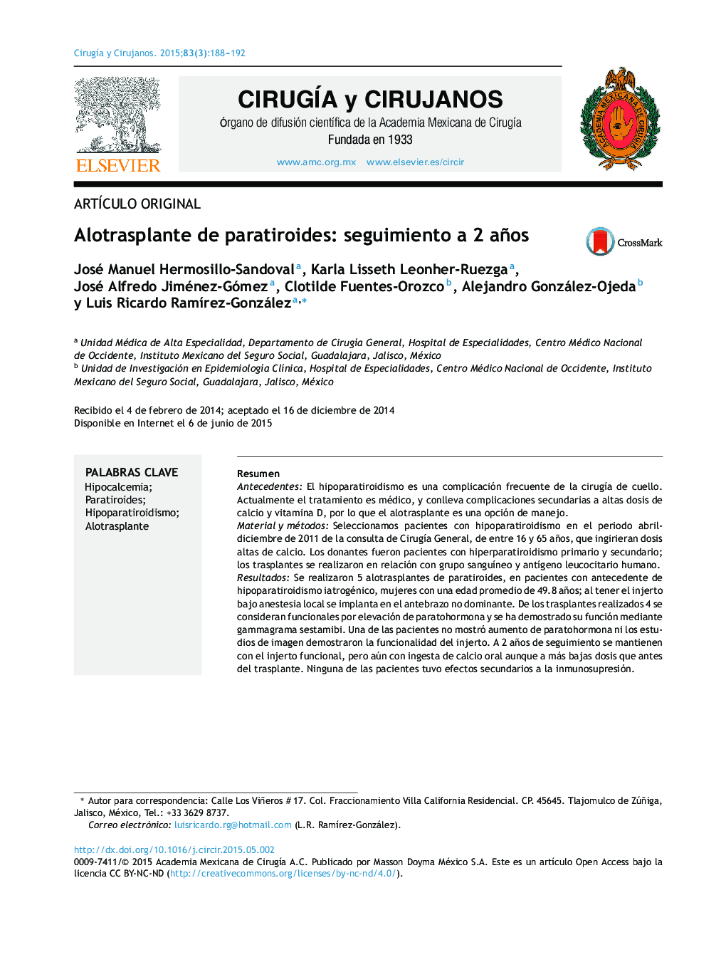 Alotrasplante de paratiroides: seguimiento a 2 años