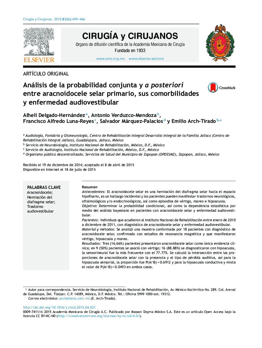 Análisis de la probabilidad conjunta y a posteriori entre aracnoidocele selar primario, sus comorbilidades y enfermedad audiovestibular