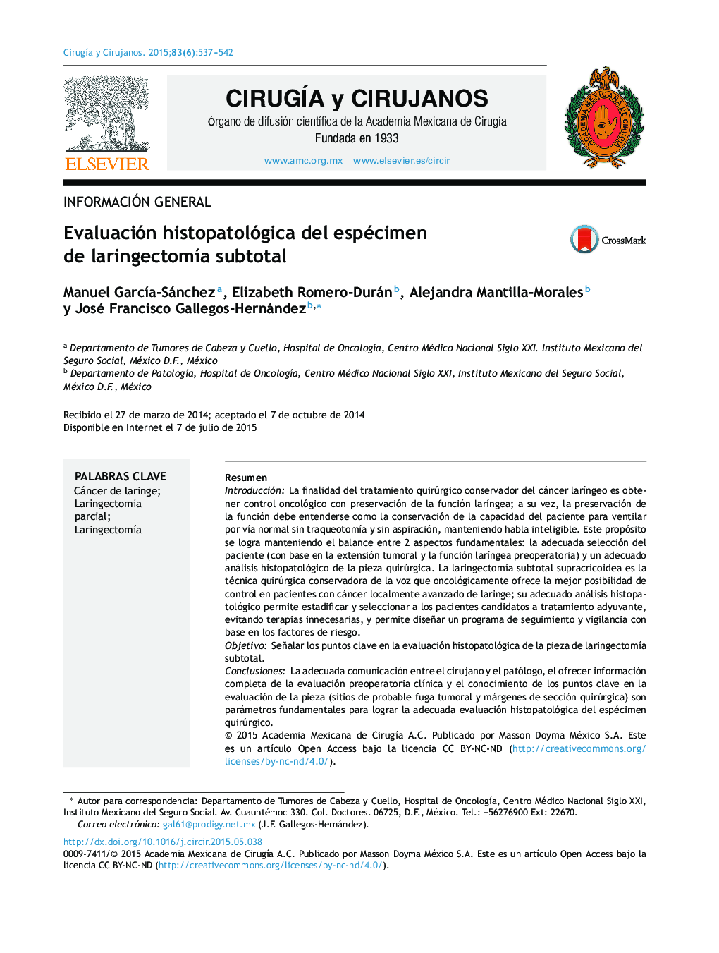 Evaluación histopatológica del espécimen de laringectomía subtotal