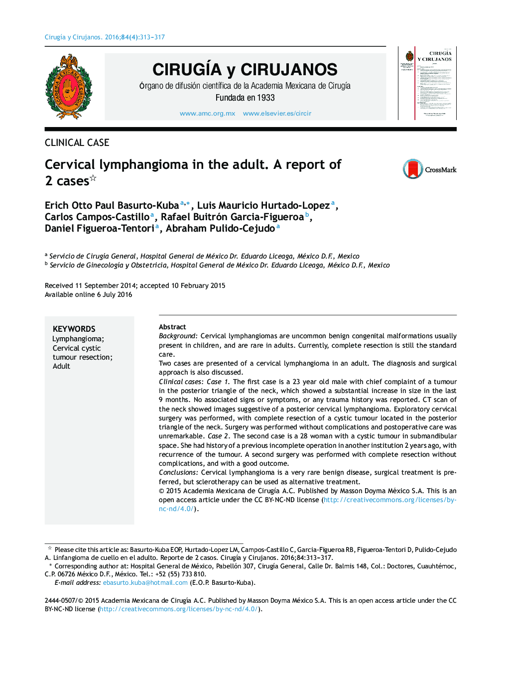 Cervical lymphangioma in the adult. A report of 2 cases 