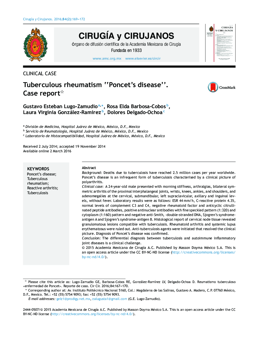 Tuberculous rheumatism “Poncet's disease”. Case report 