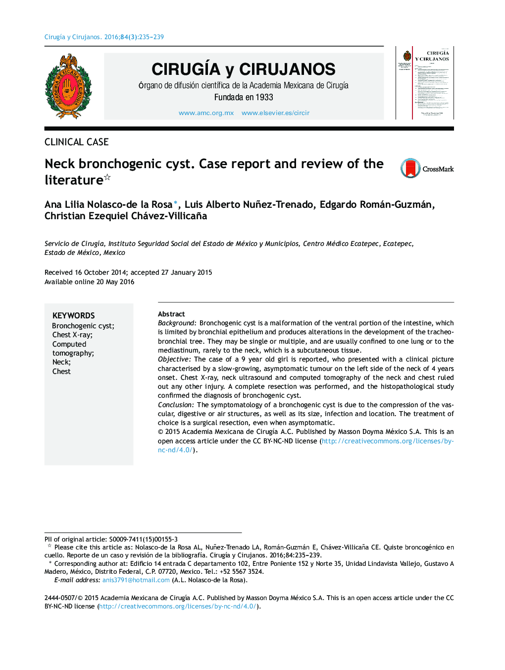 Neck bronchogenic cyst. Case report and review of the literature