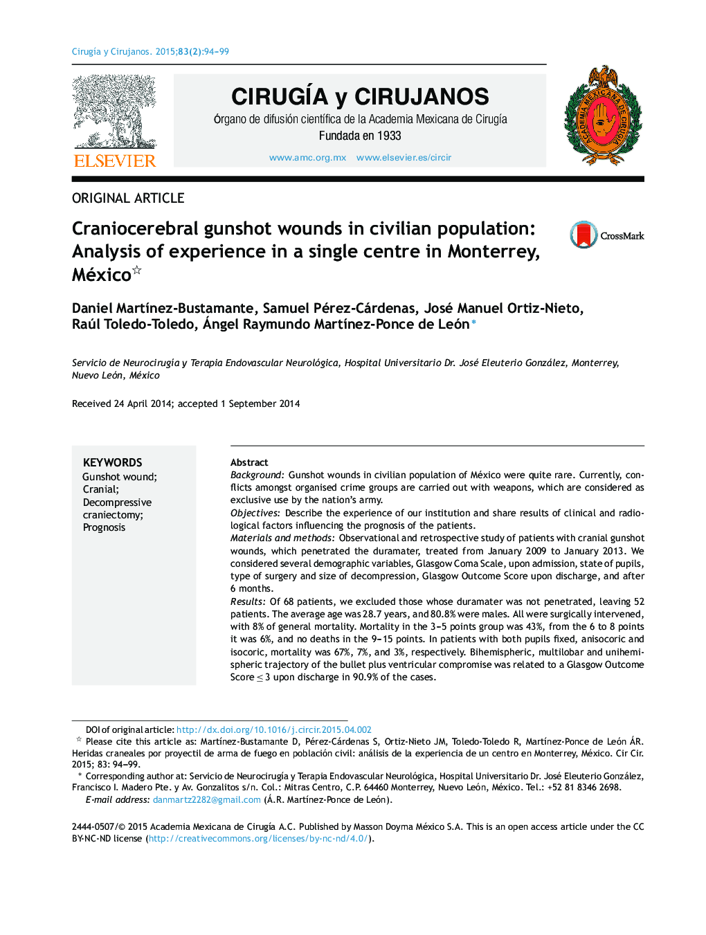 Craniocerebral gunshot wounds in civilian population: Analysis of experience in a single centre in Monterrey, México 