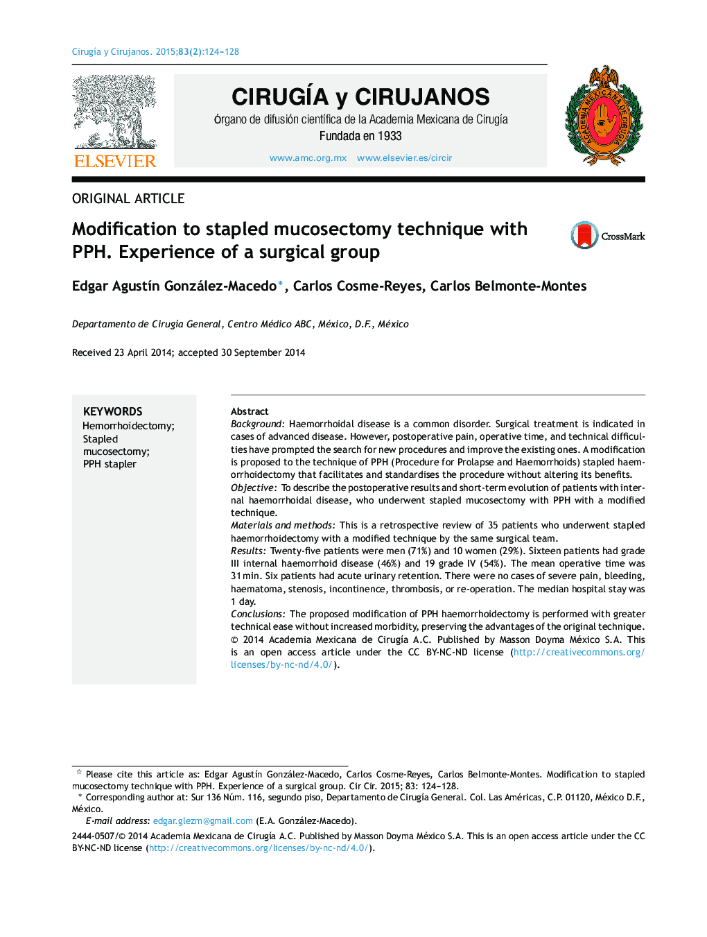 Modification to stapled mucosectomy technique with PPH. Experience of a surgical group 