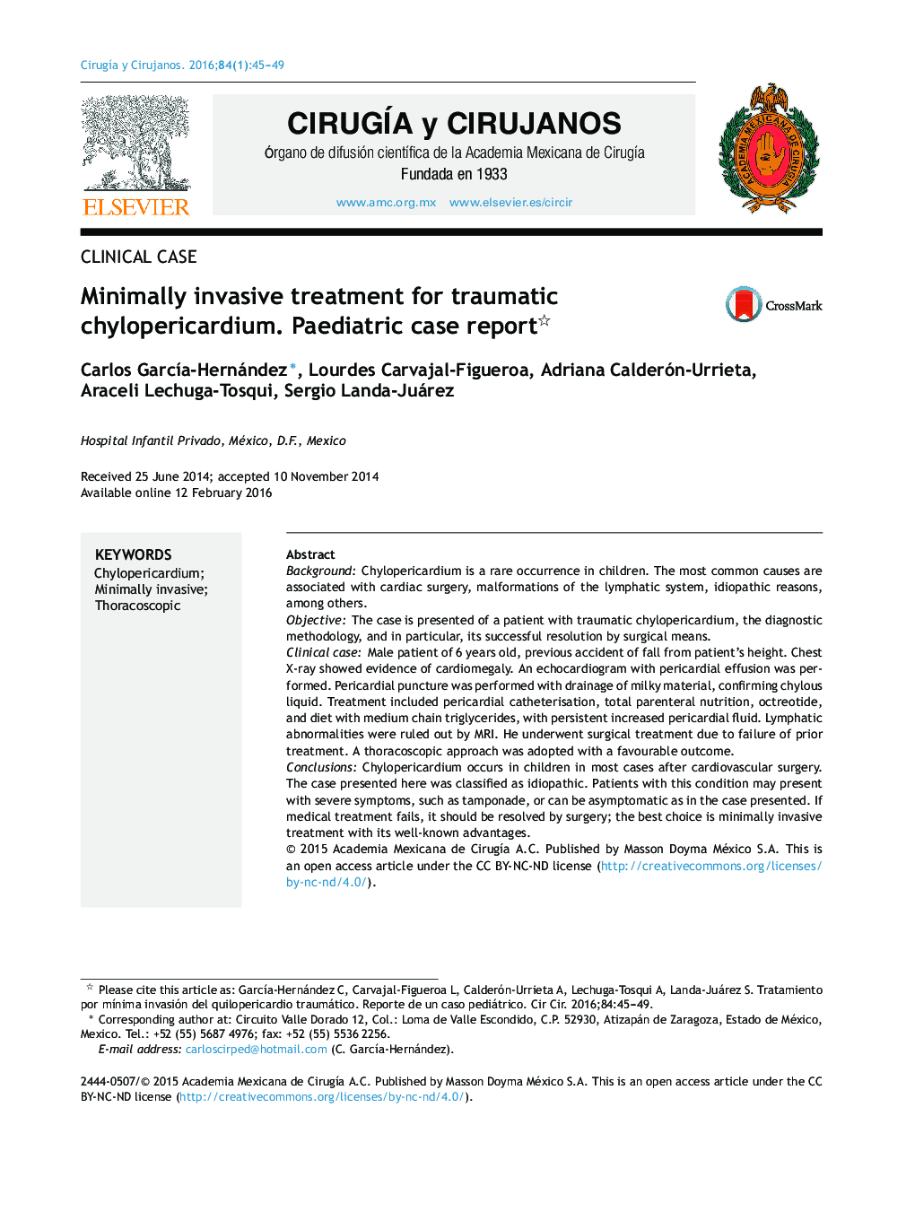 Minimally invasive treatment for traumatic chylopericardium. Paediatric case report 